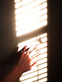 Close-up of hand touching shadow on window
