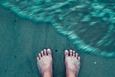 Low section of man standing on beach