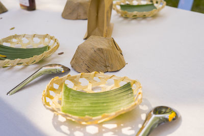 High angle view of dessert in plate on table