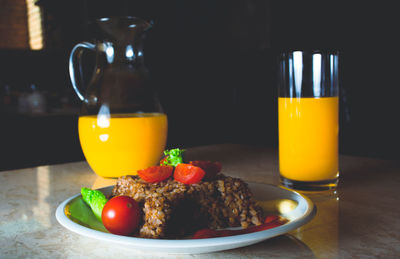 High angle view of breakfast served on table