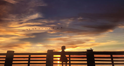 Silhouette girl by railing with birds flying in orange sky