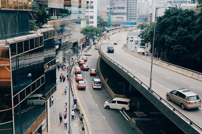 High angle view of vehicles on road in city