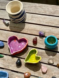 High angle view of ceramics on table