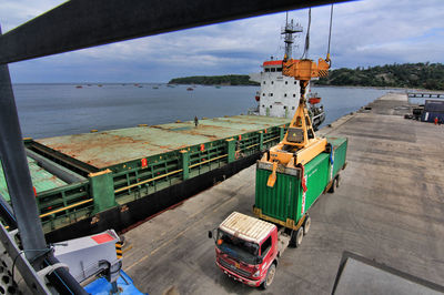 High angle view of ship in sea against sky