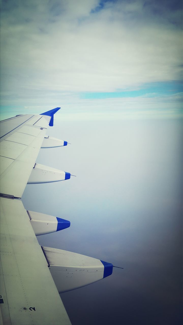 transportation, mode of transport, airplane, air vehicle, aircraft wing, nautical vessel, flying, sky, part of, sea, cropped, travel, boat, cloud - sky, blue, nature, mid-air, day, journey, outdoors