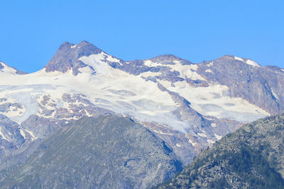 Scenic view of snowcapped mountains against clear blue sky