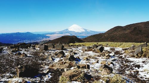 Panoramic view of mountains against clear sky