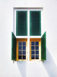 Green window shutters of white house