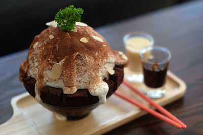 Close-up of dessert served on table