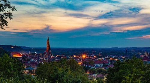 High angle view of townscape against sky during sunset