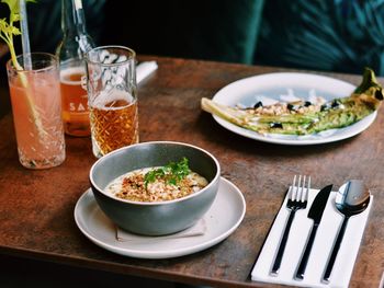 High angle view of food served on table