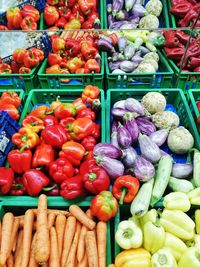 High angle view of vegetables for sale at market stall