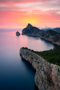 Scenic view of sea against sky during sunset, cape formentor at sunset, mallorca, spain