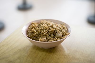 High angle view of meal served in bowl on table