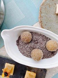 High angle view of breakfast on table