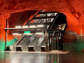 Interior of illuminated railroad station