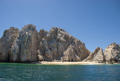 Panoramic view of sea against clear blue sky