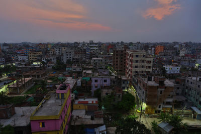 High angle view of townscape against sky at sunset