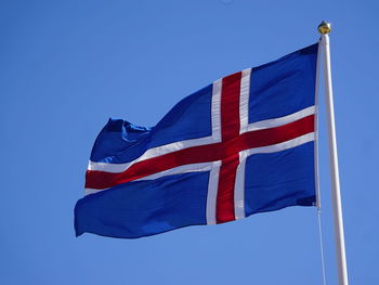 Low angle view of icelandic flag against clear blue sky