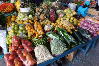High angle view of vegetables for sale at market stall