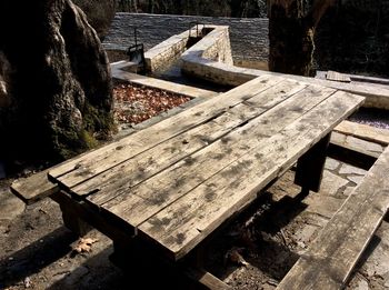 Wooden bench on wooden wall