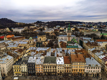 High angle shot of townscape against sky