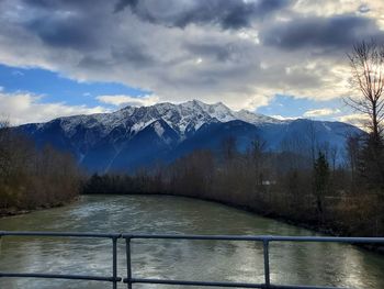 Scenic view of snowcapped mountains against sky during winter
