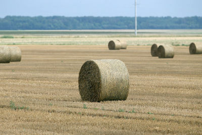 Hay bales on field against sky