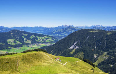 Scenic view of mountains against clear blue sky