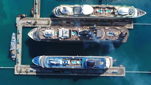 Close-up of ship moored in water