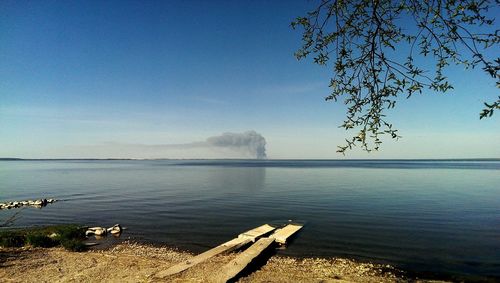 Scenic view of lake against clear blue sky