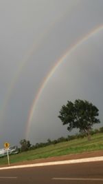 Rainbow over road against sky