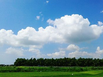 Scenic view of grassy field against cloudy sky