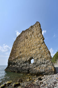 Low angle view of rock formation in sea against sky