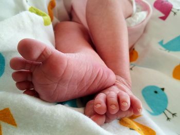 Low section of baby on bed