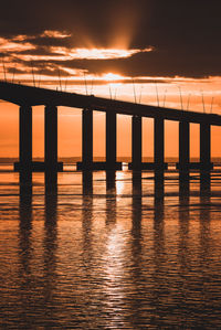 Silhouette bridge over sea against sky during sunset