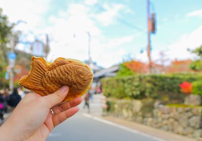 Close-up of human hand holding fish patterned food in city