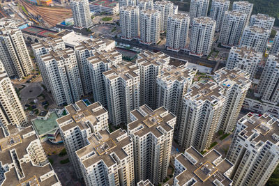 High angle view of modern buildings in city