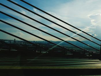 Low angle view of suspension bridge against sky