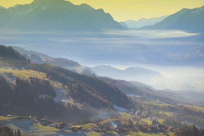 High angle view of mountains against sky