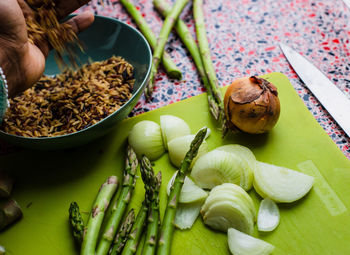 High angle view of vegetables on table