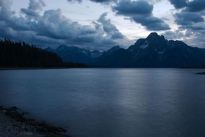 Scenic view of lake by mountains against sky