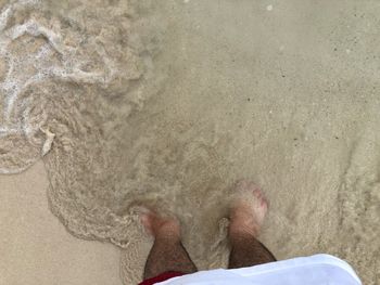 Low section of man standing on beach