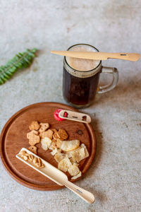 High angle view of breakfast on table