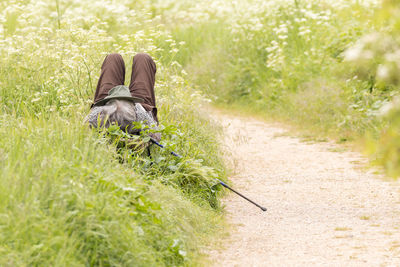 Rear view of man sitting on field