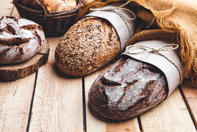 High angle view of bread on cutting board