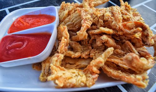 High angle view of breakfast served on table