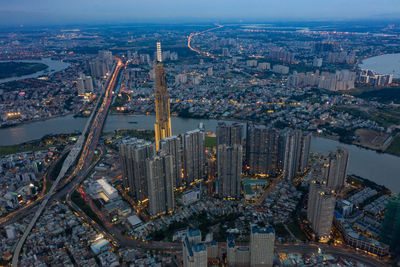 High angle view of modern buildings in city