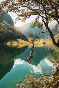 Reflection of tree in lake against mountains