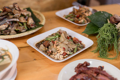 High angle view of food served on table